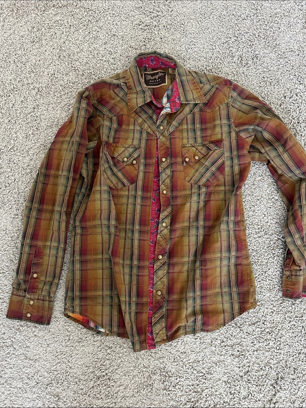 Wrangler Olive and Red Plaid Western Button-Down Shirt